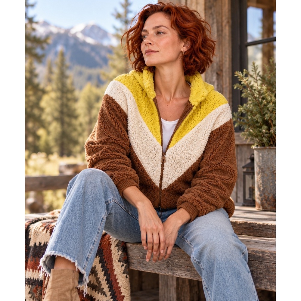 UGG Large Sherpa Fleece Zip Front Jacket Colorblock Cozy Teddy Coat